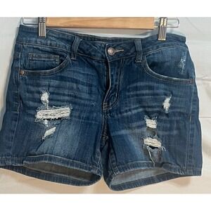 Judy Blue Distressed Denim Shorts Dark Wash Mid Rise Jean Shorts Womens Sz 29 MD